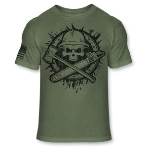 Logger Skull T-Shirt - Logging Chainsaw Axe Crossbones Shirt - Jolly Roger Lumberjack Athletic Soft Blend Tee - A135