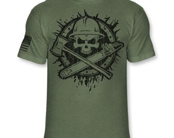Logger Skull T-Shirt - Logging Chainsaw Axe Crossbones Shirt - Jolly Roger Lumberjack Athletic Soft Blend Tee - A135