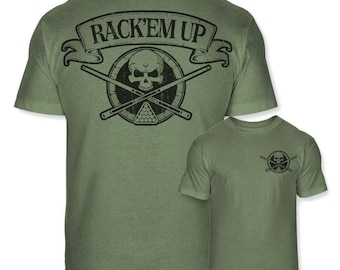Billiards Skull Crossbones Badge T-Shirt - Rack'em Up Crossed Pool Stick 8 Ball Shirt - Billiard Table Pool Shark Soft Blend Tee - A99