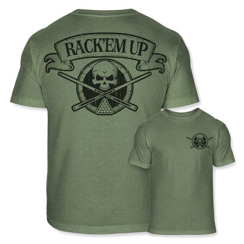 Camiseta con insignia de calavera y huesos cruzados de billar - Camiseta con palo de billar cruzado y bola 8 - Camiseta de mezcla suave con tiburón de billar - A99 Heather Army Green