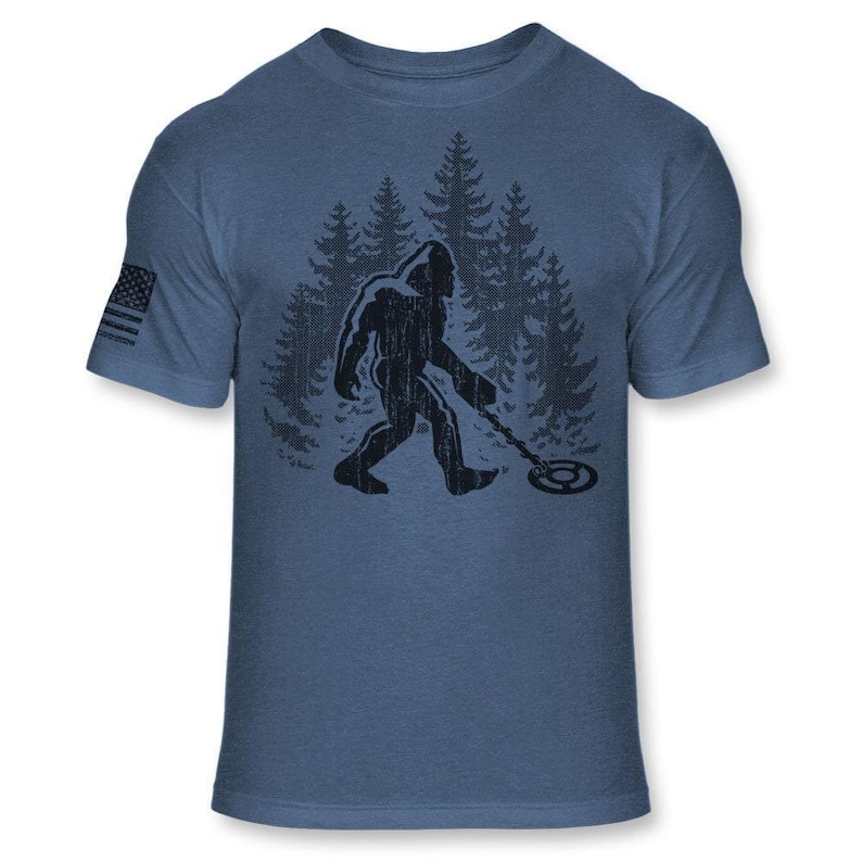 Bigfoot Metal Detector T-Shirt - Funny Sasquatch Metal Detecting shirt - Bigfoot Detectorist shirt - Athletic Soft Blend Tee - A187 Heather Royal Blue