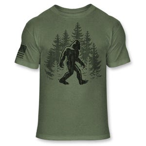 Bigfoot T-Shirt, Funny Sasquatch Forest Silhouette Shirt, Yeti Big Foot Walking in The Trees - Soft Blend Athletic Tee - A166
