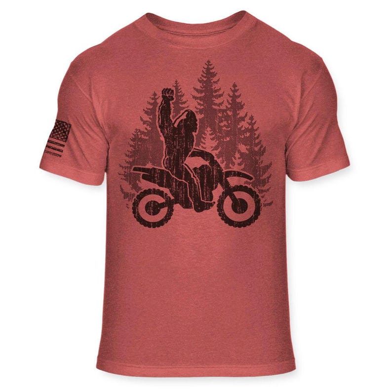 Bigfoot Dirt Bike T-Shirt - Funny Sasquatch Dirt biking shirt - Big foot Enduro shirt - Motocross Athletic Soft Blend Tee - A192 Heather Red