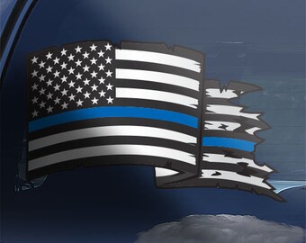 Thin blue line Distressed American Flag Law Enforcement Decal - Thin Blue Line Tattered USA Flag Police Sticker - Thin Blue Line Cop Decal