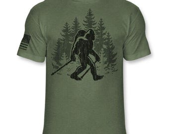 Bigfoot Hiker T-Shirt - Funny Sasquatch Hiking shirt - Bigfoot Backpacking shirt - Trekking Athletic Soft Blend Tee - A186