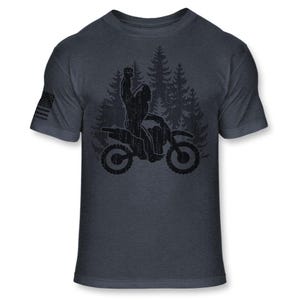 Bigfoot Dirt Bike T-Shirt - Funny Sasquatch Dirt biking shirt - Big foot Enduro shirt - Motocross Athletic Soft Blend Tee - A192 Heather Navy Blue