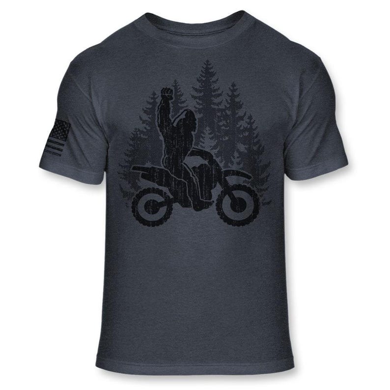 Bigfoot Dirt Bike T-Shirt - Funny Sasquatch Dirt biking shirt - Big foot Enduro shirt - Motocross Athletic Soft Blend Tee - A192 Heather Navy Blue
