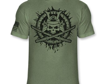 Samurai Skull Graphic T-Shirt: Warrior Crossbones Katana Sword Design - A427