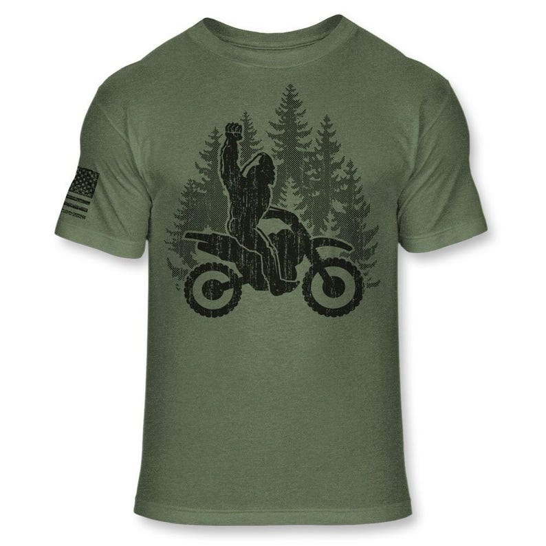 Bigfoot Dirt Bike T-Shirt - Funny Sasquatch Dirt biking shirt - Big foot Enduro shirt - Motocross Athletic Soft Blend Tee - A192 Heather Army Green