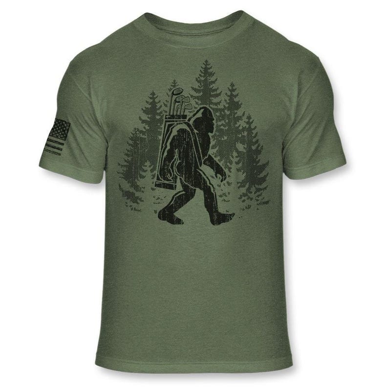 Bigfoot Golfer T-Shirt - Funny Sasquatch Golfing Shirt - Bigfoot Silhouette Golf Shirt - Soft Blend Athletic Tee - A176 Heather Army Green