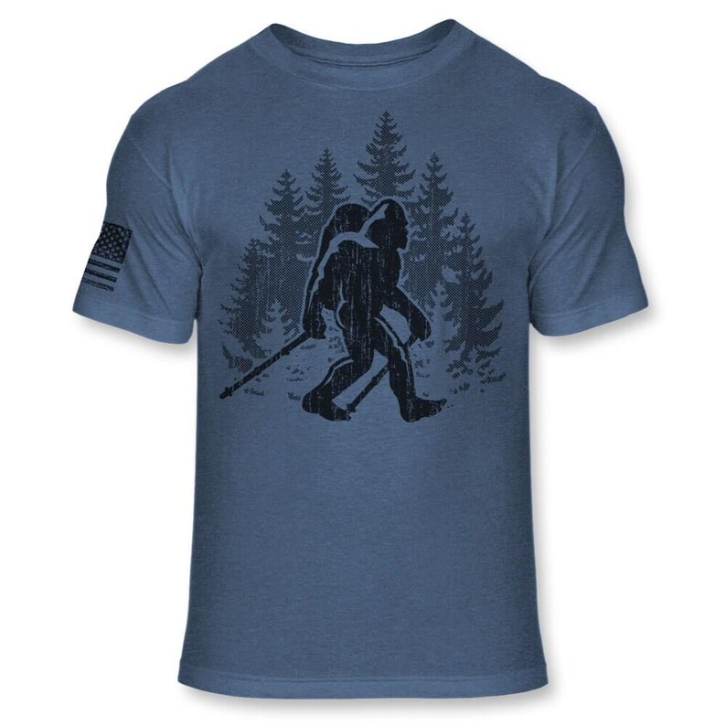Bigfoot Hiker T-Shirt - Funny Sasquatch Hiking shirt - Bigfoot Backpacking shirt - Trekking Athletic Soft Blend Tee - A186 Heather Royal Blue