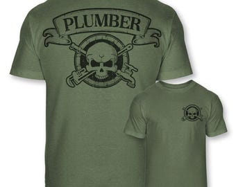 Plumber Skull Crossbones Soft Blend Shirt - Crossed Plumbing Pipe Wrench Tee Shirt - Jolly Roger Plumbers Badge Shirt - A109