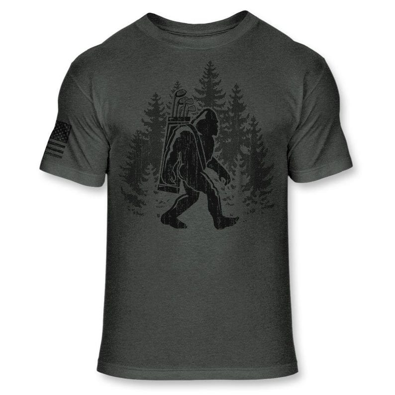 Bigfoot Golfer T-Shirt - Funny Sasquatch Golfing Shirt - Bigfoot Silhouette Golf Shirt - Soft Blend Athletic Tee - A176 Heather Dark Gray