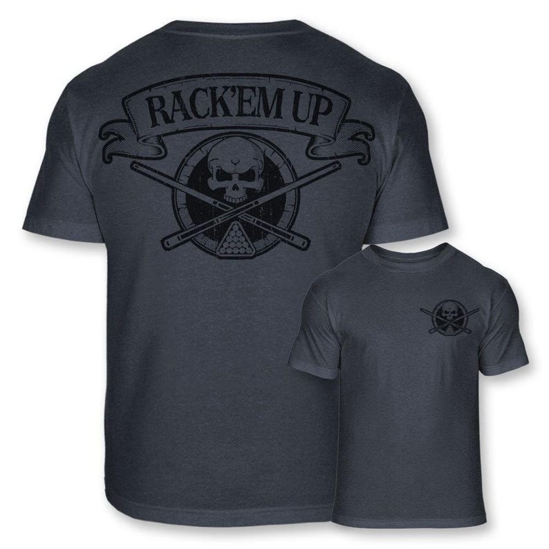 Camiseta con insignia de calavera y huesos cruzados de billar - Camiseta con palo de billar cruzado y bola 8 - Camiseta de mezcla suave con tiburón de billar - A99 Heather Navy Blue