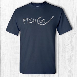 Fish on tee shirt Fish on hook t-shirt Fish on text and hook short sleeve tee shirt Fishing hook shirt Gray text Navy Blue