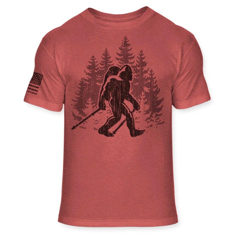 Bigfoot Hiker T-Shirt - Funny Sasquatch Hiking shirt - Bigfoot Backpacking shirt - Trekking Athletic Soft Blend Tee - A186 Heather Red