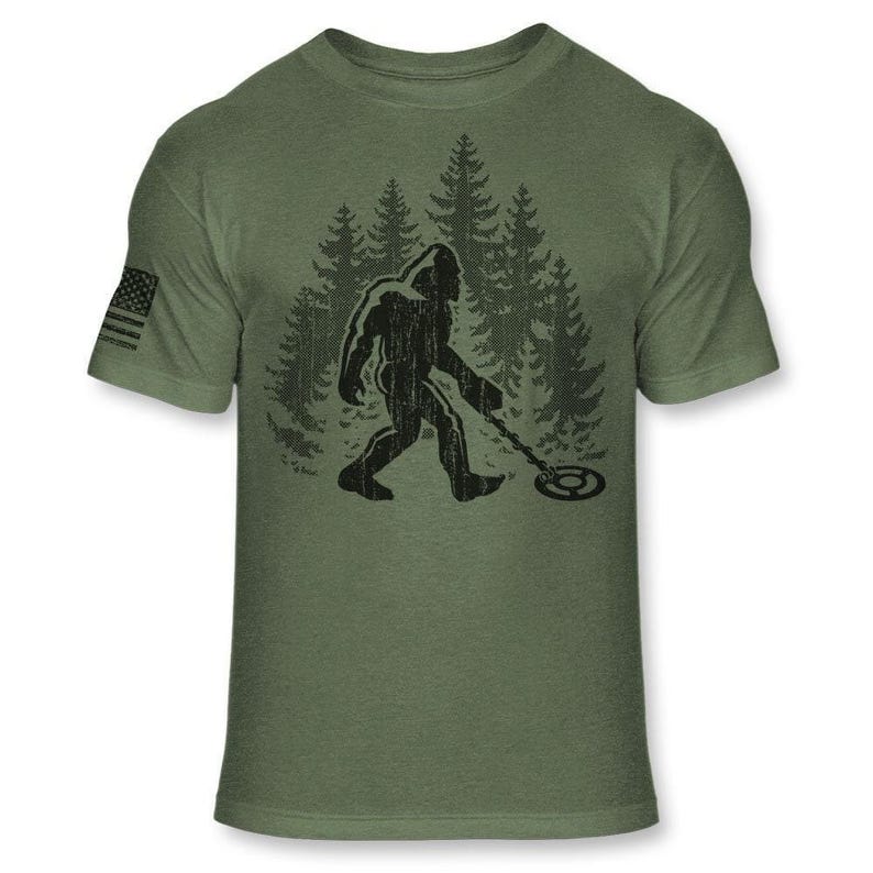 Bigfoot Metal Detector T-Shirt - Funny Sasquatch Metal Detecting shirt - Bigfoot Detectorist shirt - Athletic Soft Blend Tee - A187 Heather Army Green