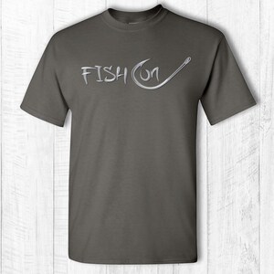 Fish on tee shirt Fish on hook t-shirt Fish on text and hook short sleeve tee shirt Fishing hook shirt Gray text Charcoal