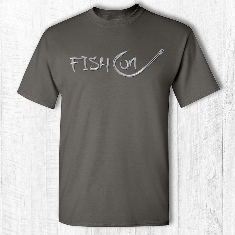 Fish on tee shirt Fish on hook t-shirt Fish on text and hook short sleeve tee shirt Fishing hook shirt Gray text Charcoal