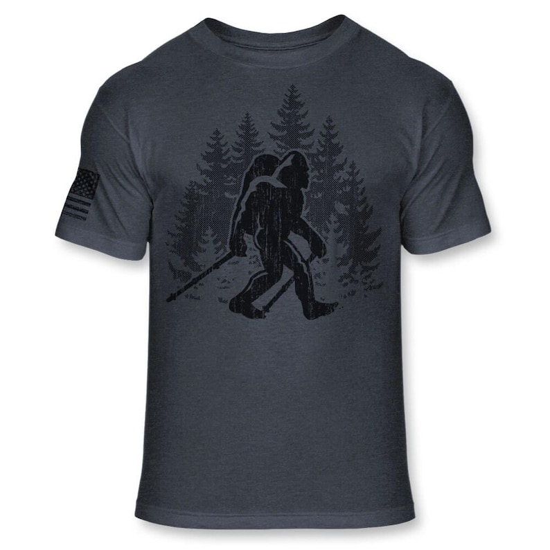 Bigfoot Hiker T-Shirt - Funny Sasquatch Hiking shirt - Bigfoot Backpacking shirt - Trekking Athletic Soft Blend Tee - A186 Heather Navy Blue