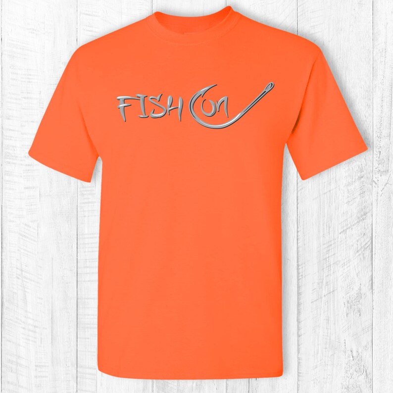 Fish on tee shirt Fish on hook t-shirt Fish on text and hook short sleeve tee shirt Fishing hook shirt Gray text Safety Orange