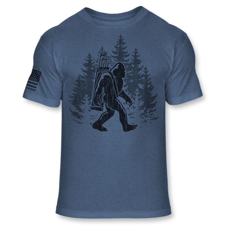 Bigfoot Golfer T-Shirt - Funny Sasquatch Golfing Shirt - Bigfoot Silhouette Golf Shirt - Soft Blend Athletic Tee - A176 Heather Royal Blue