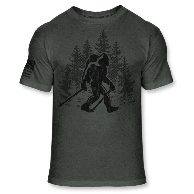 Bigfoot Hiker T-Shirt - Funny Sasquatch Hiking shirt - Bigfoot Backpacking shirt - Trekking Athletic Soft Blend Tee - A186 Heather Dark Gray