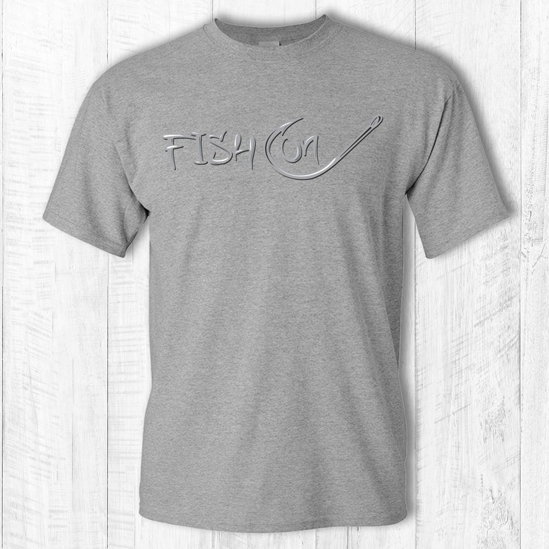 Fish on tee shirt Fish on hook t-shirt Fish on text and hook short sleeve tee shirt Fishing hook shirt Gray text Sport Gray