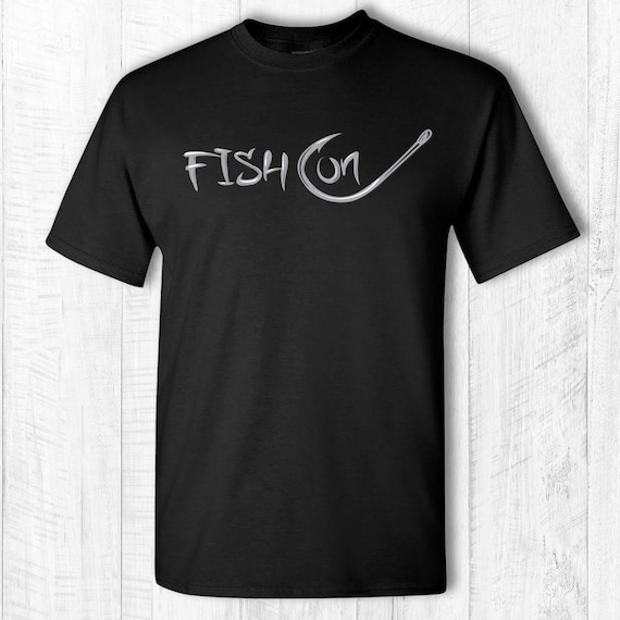 Fish on Tee Shirt Fish on Hook T-shirt Fish on Text and Hook Short Sleeve  Tee Shirt Fishing Hook Shirt Gray Text 