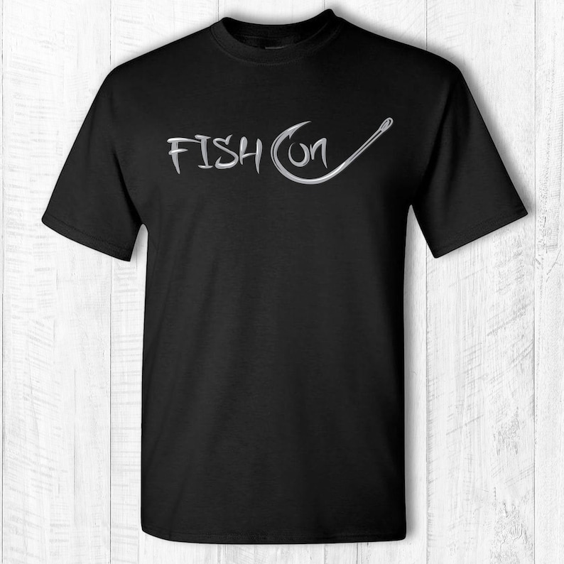 Fish on tee shirt Fish on hook t-shirt Fish on text and hook short sleeve tee shirt Fishing hook shirt Gray text Black