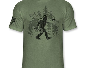 Bigfoot Carpenter T-Shirt - Funny Sasquatch Carpenters shirt - Big foot Carpentry Woodworking Soft Blend Tee - A266