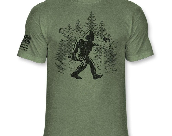 Bigfoot Carpenter T-Shirt - Funny Sasquatch Carpenters shirt - Big foot Carpentry Woodworking Soft Blend Tee - A266