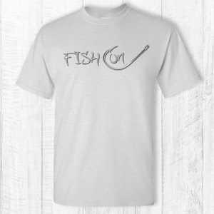 Fish on tee shirt Fish on hook t-shirt Fish on text and hook short sleeve tee shirt Fishing hook shirt Gray text White