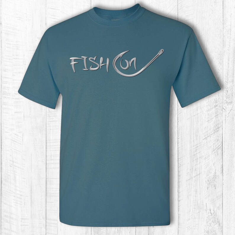 Fish on tee shirt Fish on hook t-shirt Fish on text and hook short sleeve tee shirt Fishing hook shirt Gray text Indigo Blue