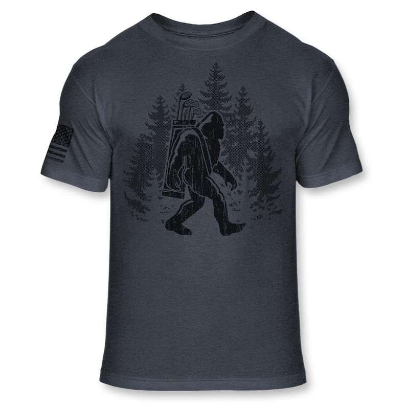 Bigfoot Golfer T-Shirt - Funny Sasquatch Golfing Shirt - Bigfoot Silhouette Golf Shirt - Soft Blend Athletic Tee - A176 Heather Navy Blue