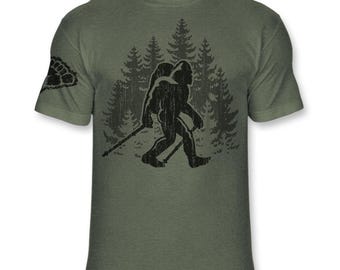 Funny Bigfoot Hiker T-Shirt: Sasquatch Backpacking Soft Blend T - B186