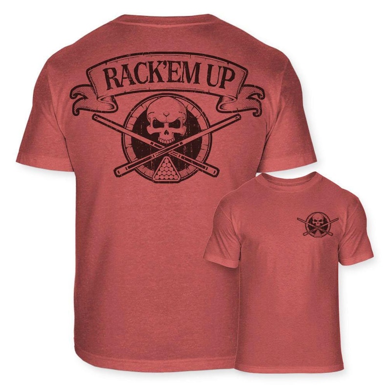 Camiseta con insignia de calavera y huesos cruzados de billar - Camiseta con palo de billar cruzado y bola 8 - Camiseta de mezcla suave con tiburón de billar - A99 Heather Red