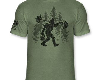 Bigfoot Weightlifting T-Shirt - Funny Sasquatch Gym Shirt - Weight Training Athletic Soft Blend Tee - A283