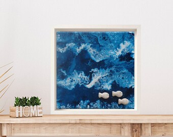 Paint pour art, Coastal wall art, Ocean blue artwork decor, Abstract teal painting, Acrylic painting for ocean lovers, Blue lagoon