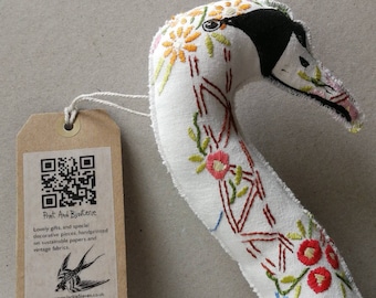 Textile art, Swan, unique decoration, vintage, embroidered fabrics, handprinted, made by hand, beautiful gift for wife or mother, eco gift