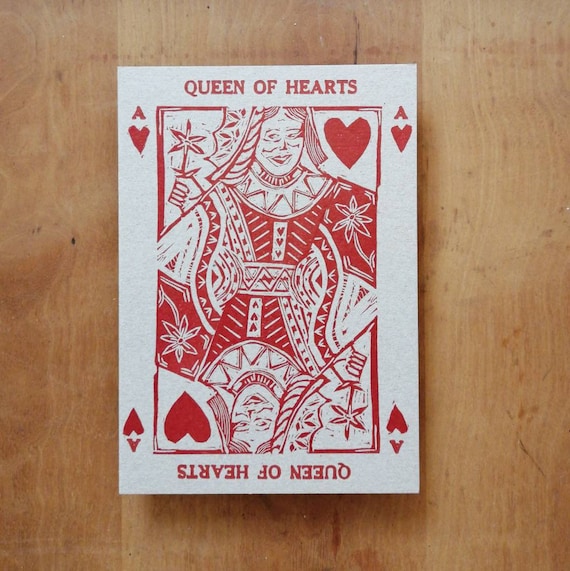 Queen Of Hearts Playing Card Linocut And Letterpress Etsy