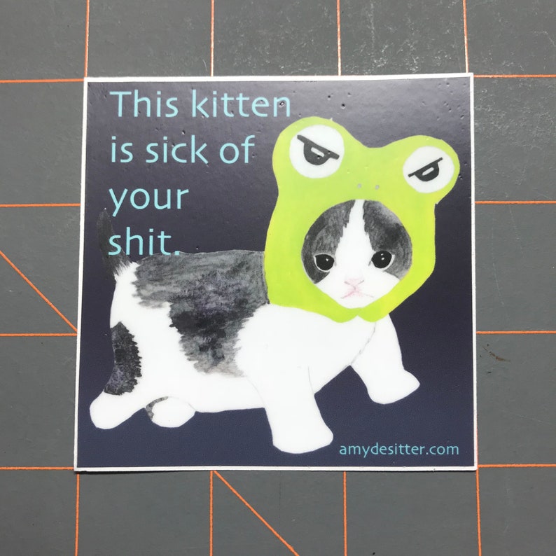 Kitty in a Frog Hood Sticker....this Kitten is Sick of Etsy