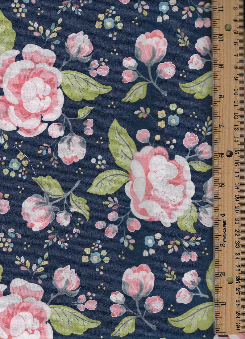 Navy Floral Cotton Fabric Etsy