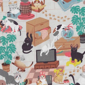 May include: A whimsical illustration featuring a variety of cats in different poses and settings. The cats are depicted in a cartoon style with bright colors and playful details. The illustration includes furniture, plants, and other household items, creating a cozy and charming atmosphere.