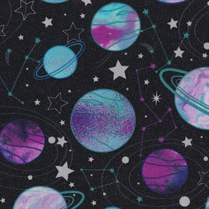 Night Sky Planets Cotton Fabric - Starlight Star Planets Glitter 18047