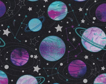 Night Sky Planets Cotton Fabric - Starlight Star Planets Glitter 18047