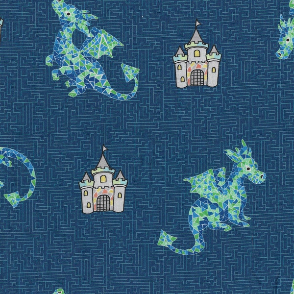 Blue Dragon Castle Cotton Fabric