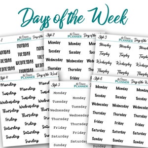 Può includere: Nove diversi stili di adesivi per planner stampabili con i giorni della settimana scritti in testo nero. Gli adesivi sono progettati per essere utilizzati in un planner o in un diario.