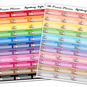 Puede incluir: Un conjunto de 24 pegatinas imprimibles para planificadores con un diseño de autocaravana. Las pegatinas están en dos esquemas de color: brillantes y pastel. Cada pegatina tiene la palabra "PHYSIOTHERAPY" impresa en ella.
