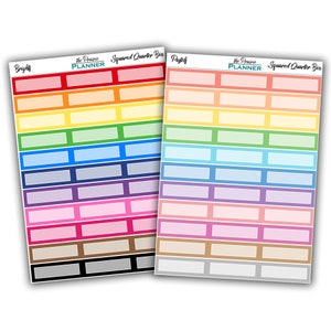 May include: Two sheets of planner stickers with a rainbow of colours. The first sheet has bright colours and the second sheet has pastel colours. Each sheet has the text "The Prairie Planner" and "Squared Quarter Box".